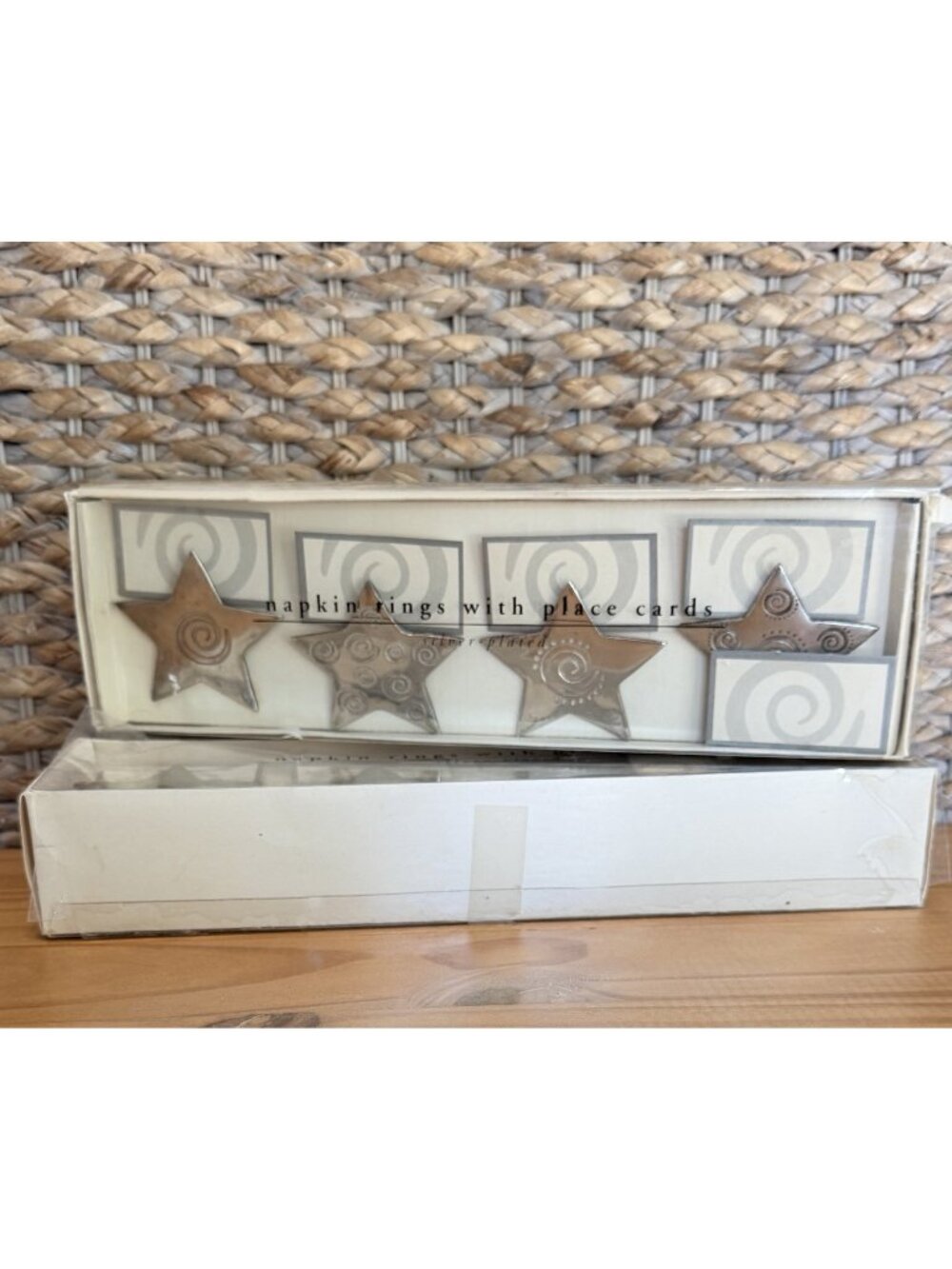 Pier 1 Silver Plated Napkin Rings Star Shaped Card Holder Set of 8 w/cards
